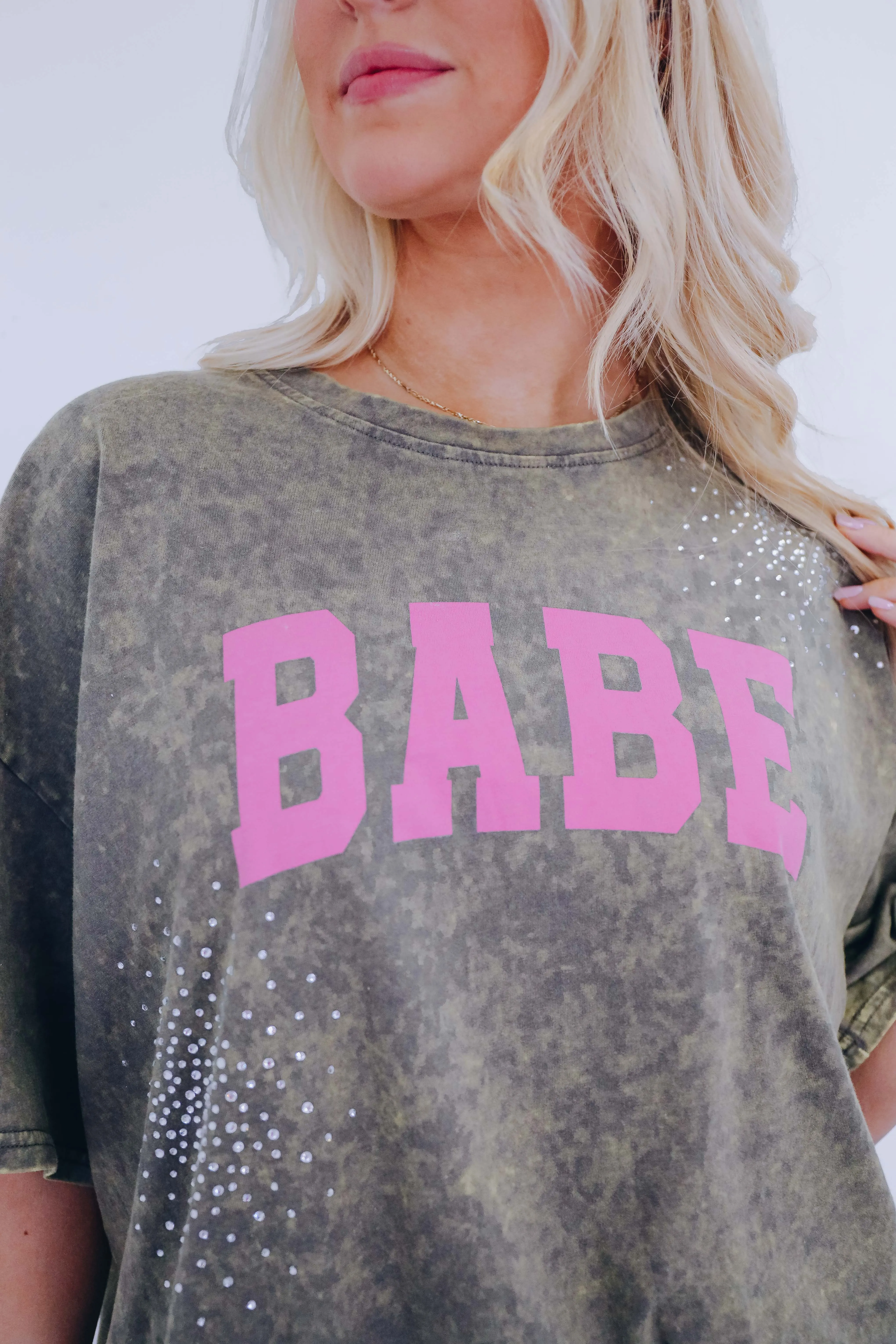 Babe Acid Washed Rhinestone Graphic Tee - 2 Colors