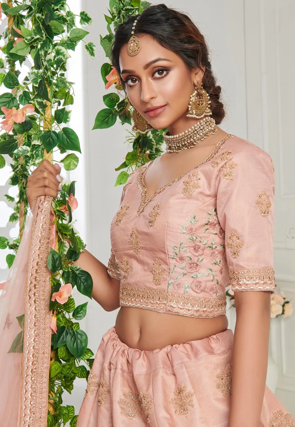 Baby Pink Floral Embroidered Lehenga Choli