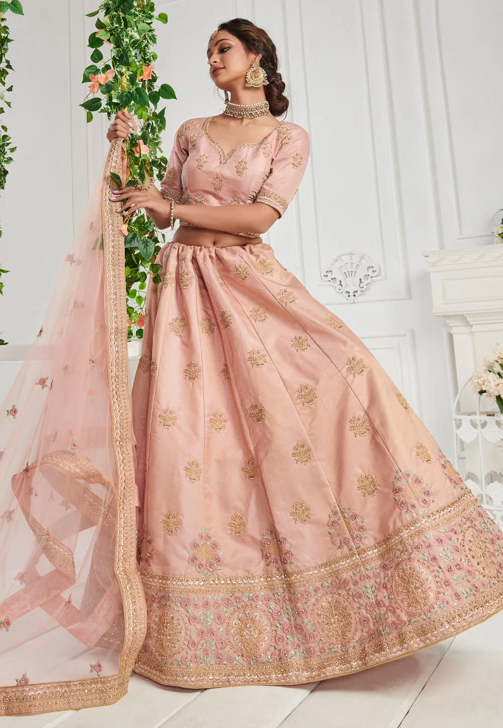 Baby Pink Floral Embroidered Lehenga Choli