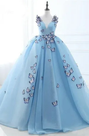 Ball Gown Deep V-Neck Court Train Blue Tulle Prom Dress with Appliques Q20