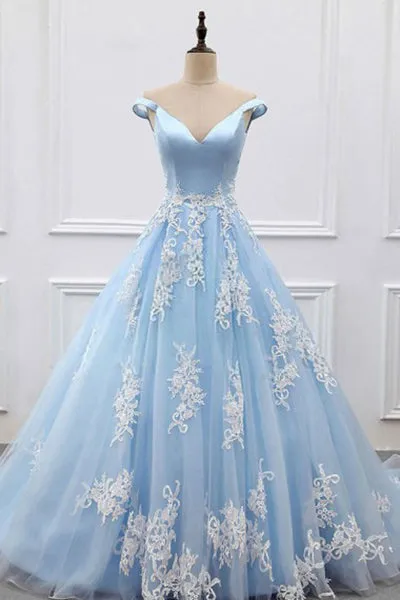 Ball Gown Off-the-Shoulder Court Train Blue Tulle Prom Dress with Appliques Q74