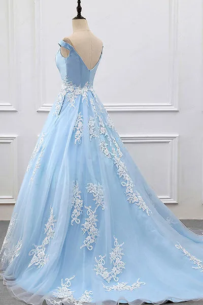 Ball Gown Off-the-Shoulder Court Train Blue Tulle Prom Dress with Appliques Q74