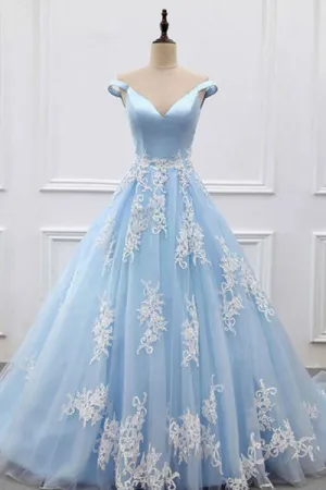 Ball Gown Off-the-Shoulder Court Train Blue Tulle Prom Dress with Appliques Q74