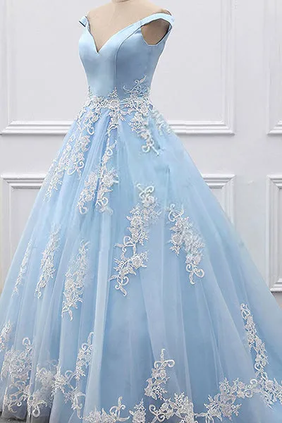 Ball Gown Off-the-Shoulder Court Train Blue Tulle Prom Dress with Appliques Q74