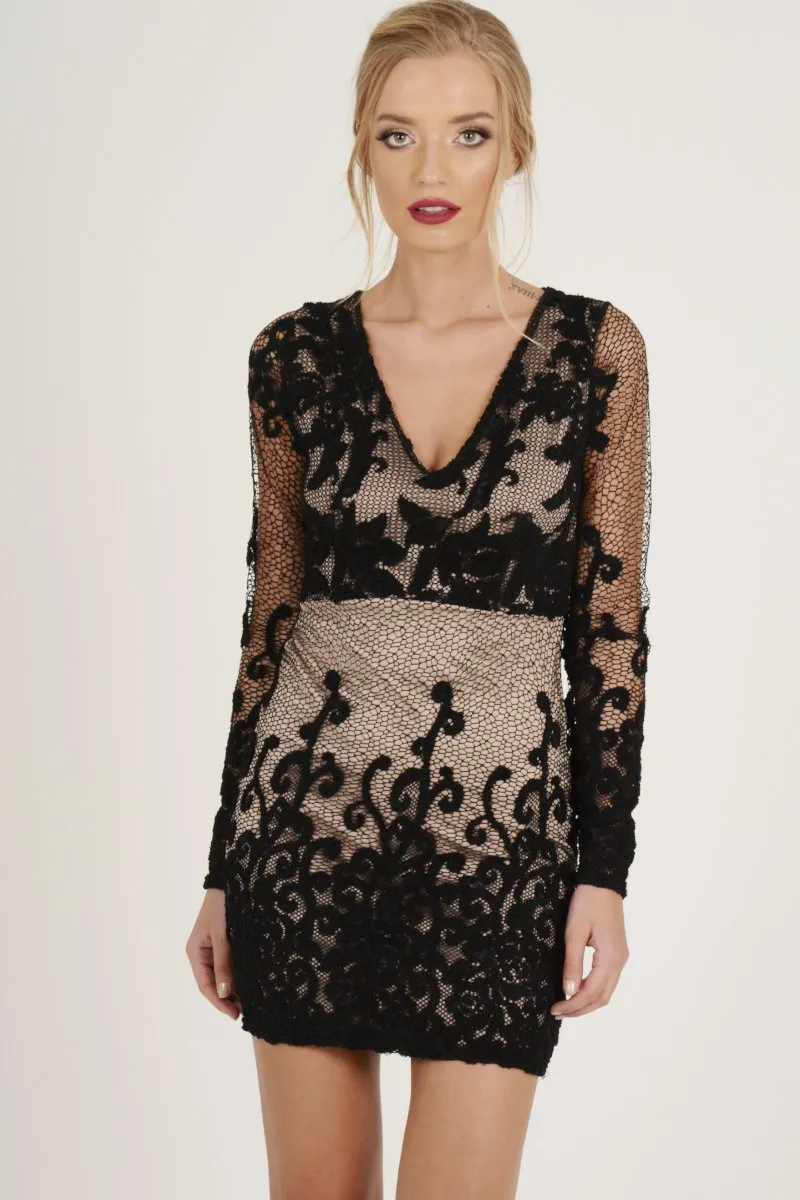Black Crochet V Neck Mini Dress - Tinashe