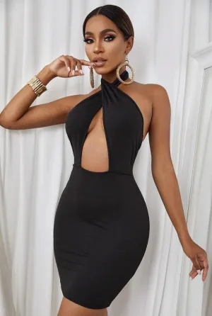 Black Cross Neck Mini Black Dress