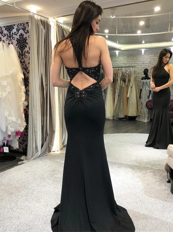 Black Mermaid Open Back Long Prom Dresses Beaded Elegant Evening Dresses