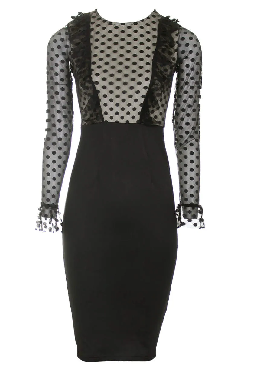 Black Polka Dot Frill Midi Dress