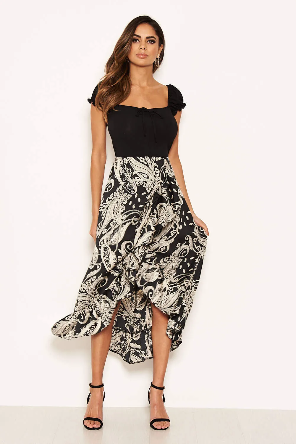 Black Printed Layered Frill Ruched Sleeve Dress