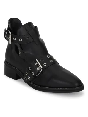 Black PU Rivet Buckle Flat Ankle Boots