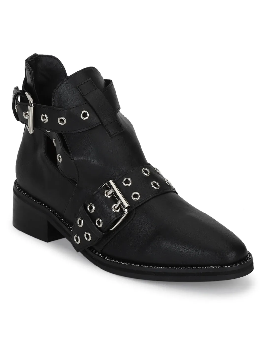 Black PU Rivet Buckle Flat Ankle Boots