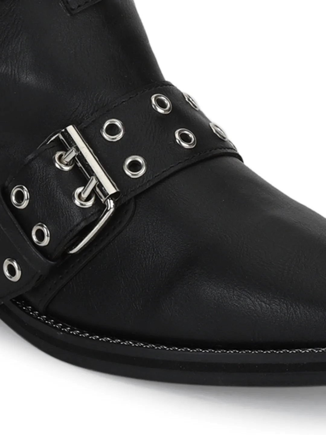Black PU Rivet Buckle Flat Ankle Boots