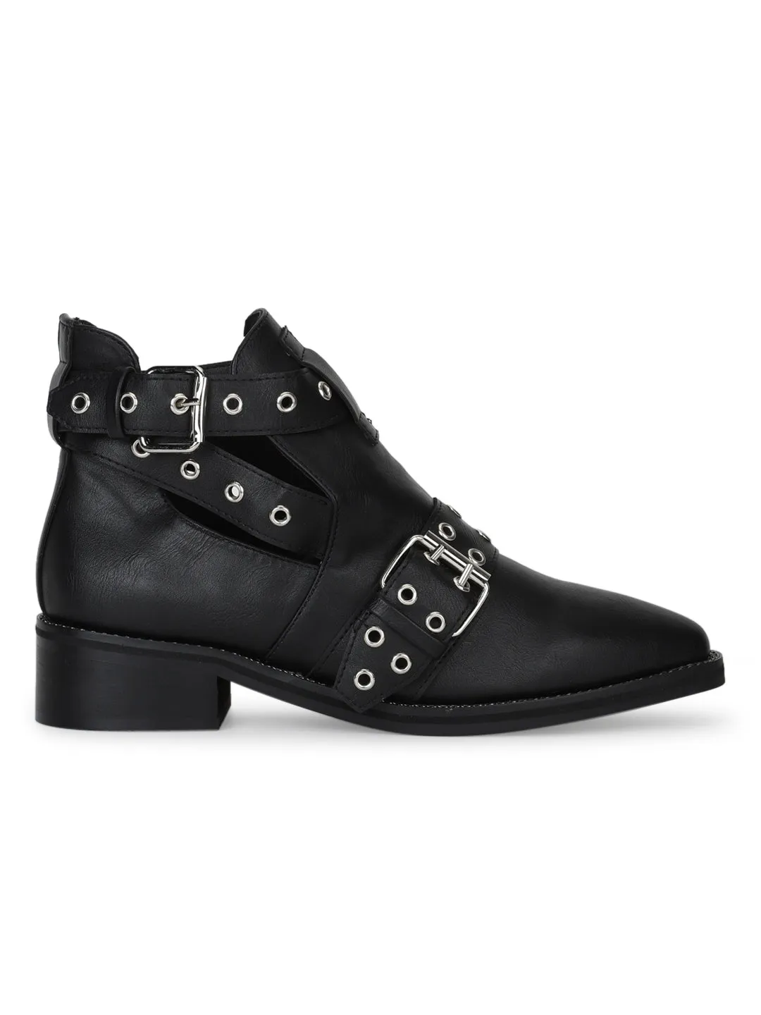 Black PU Rivet Buckle Flat Ankle Boots