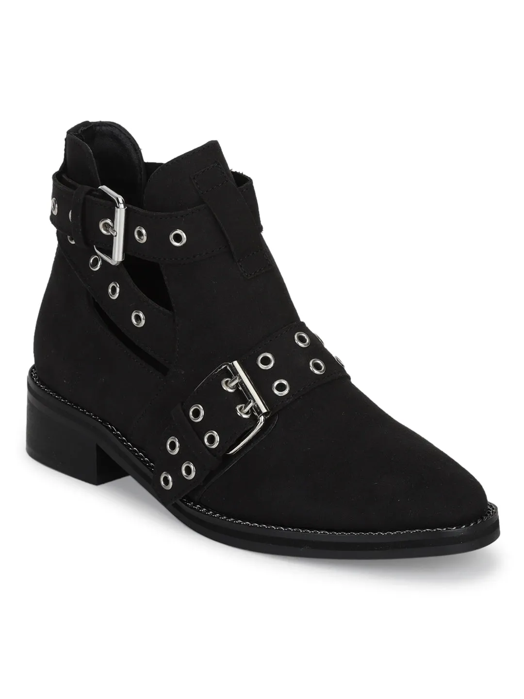 Black Sude Rivet Buckle Flat Ankle Boots