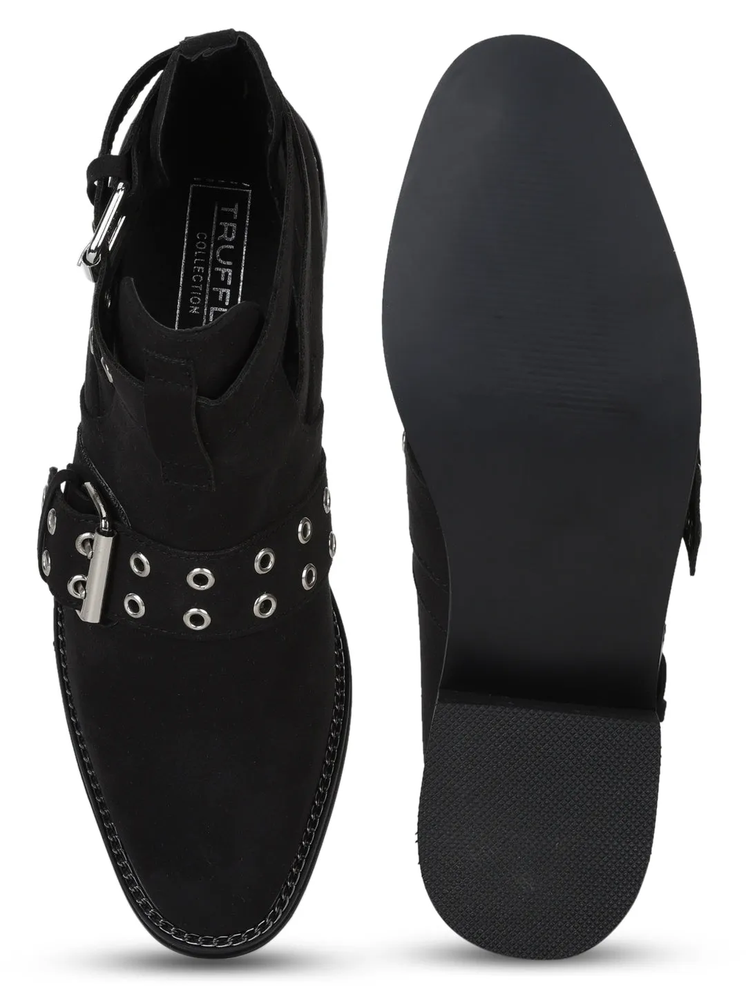 Black Sude Rivet Buckle Flat Ankle Boots
