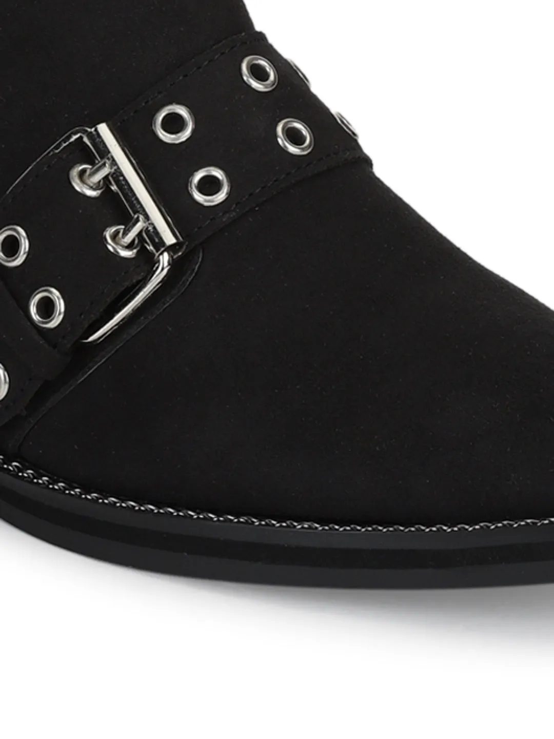 Black Sude Rivet Buckle Flat Ankle Boots
