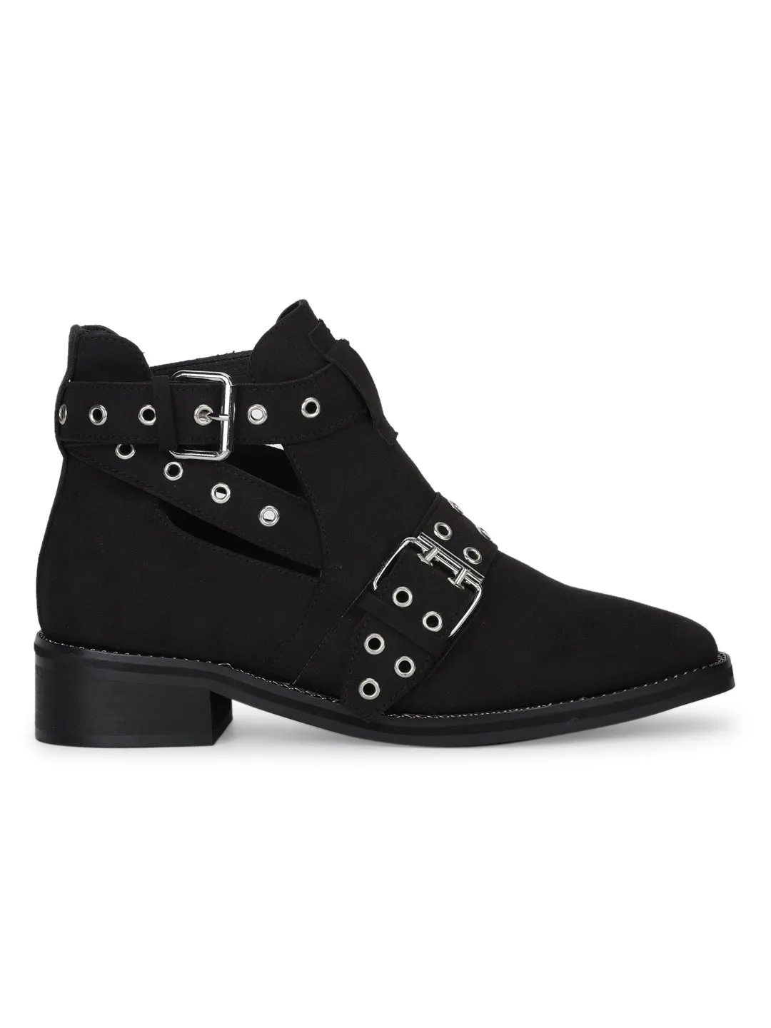 Black Sude Rivet Buckle Flat Ankle Boots