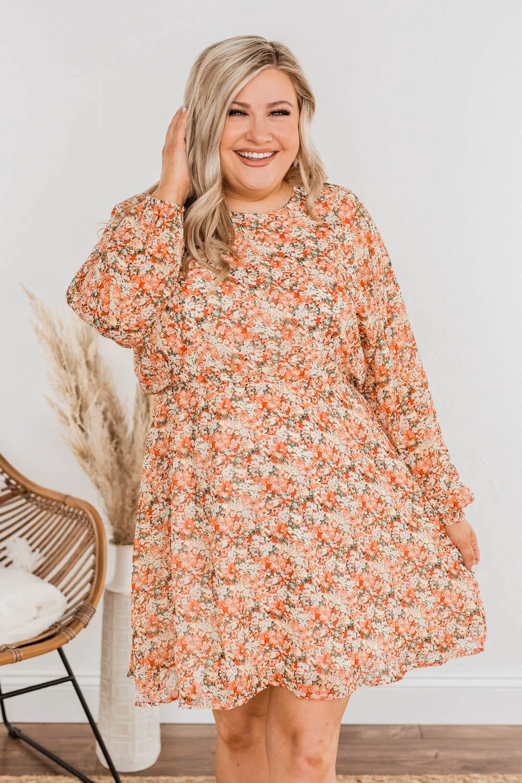 Blossoming Emotions Long Sleeve Floral Dress- Peach