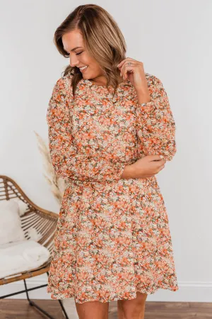 Blossoming Emotions Long Sleeve Floral Dress- Peach