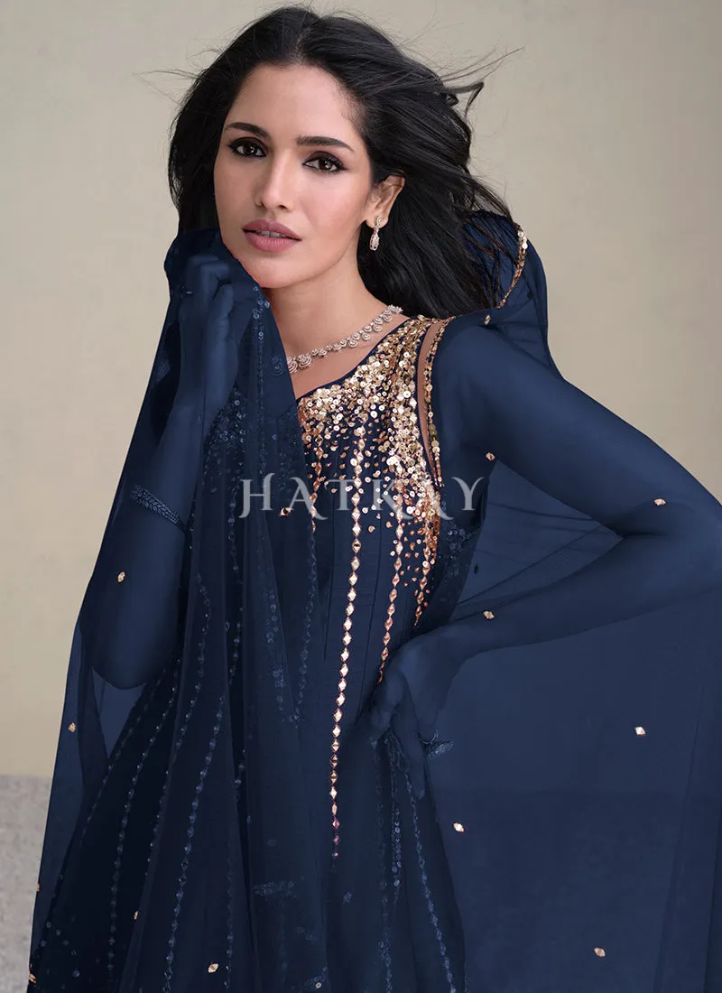 Blue Golden Sequins Embroidered Anarkali Pant Style Suit