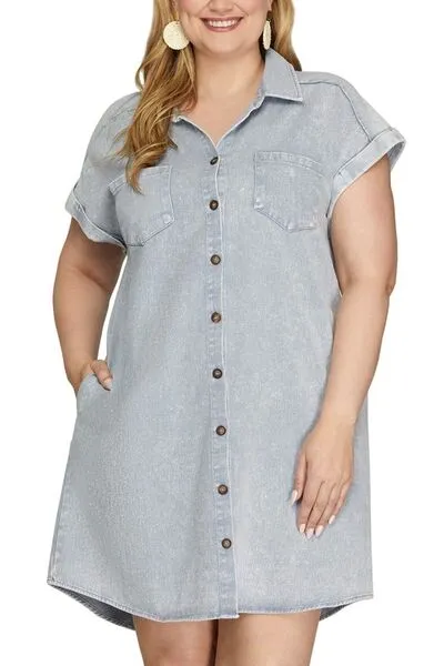 Blue Grey Folded Cuff Button Down Washed Twill Shirt Dress