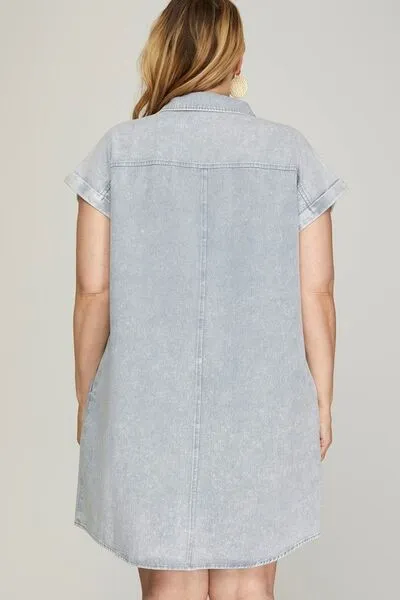 Blue Grey Folded Cuff Button Down Washed Twill Shirt Dress