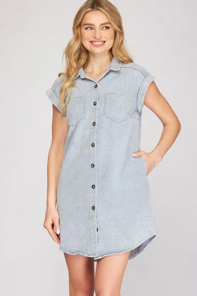 Blue Grey Folded Cuff Button Down Washed Twill Shirt Dress