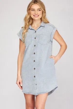 Blue Grey Folded Cuff Button Down Washed Twill Shirt Dress