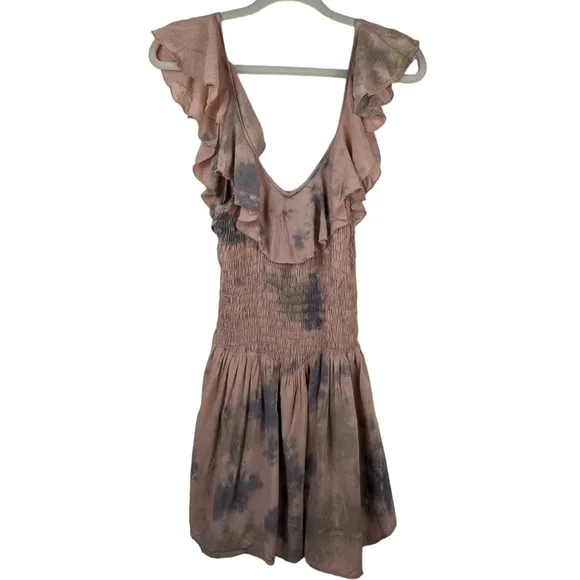 Blue Life Flirty Tie Dye Ruffle V-neck Sleeveless Romantic Beach Romper Dress S