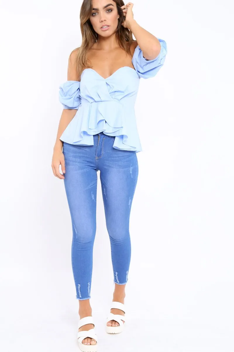 Blue Sweet Heart Bardot Top with Ruched Sleeves - Kinza