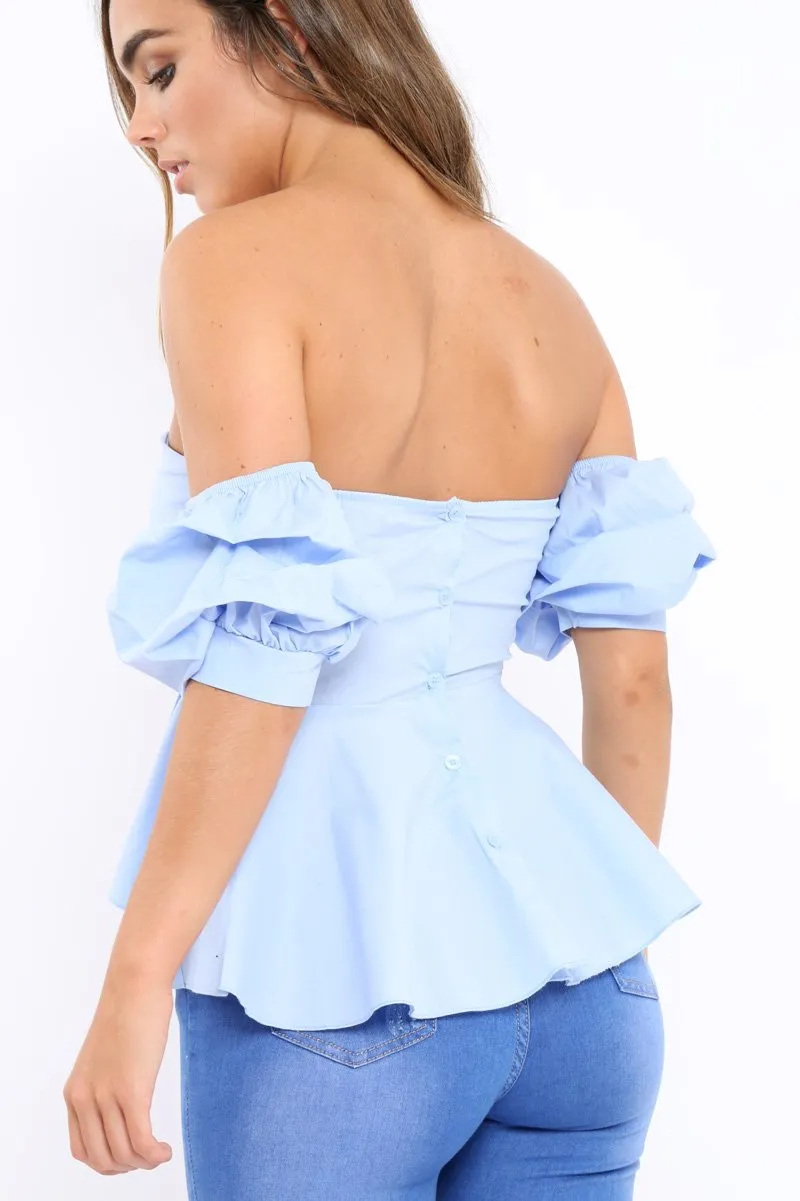 Blue Sweet Heart Bardot Top with Ruched Sleeves - Kinza