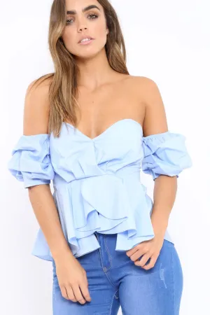 Blue Sweet Heart Bardot Top with Ruched Sleeves - Kinza