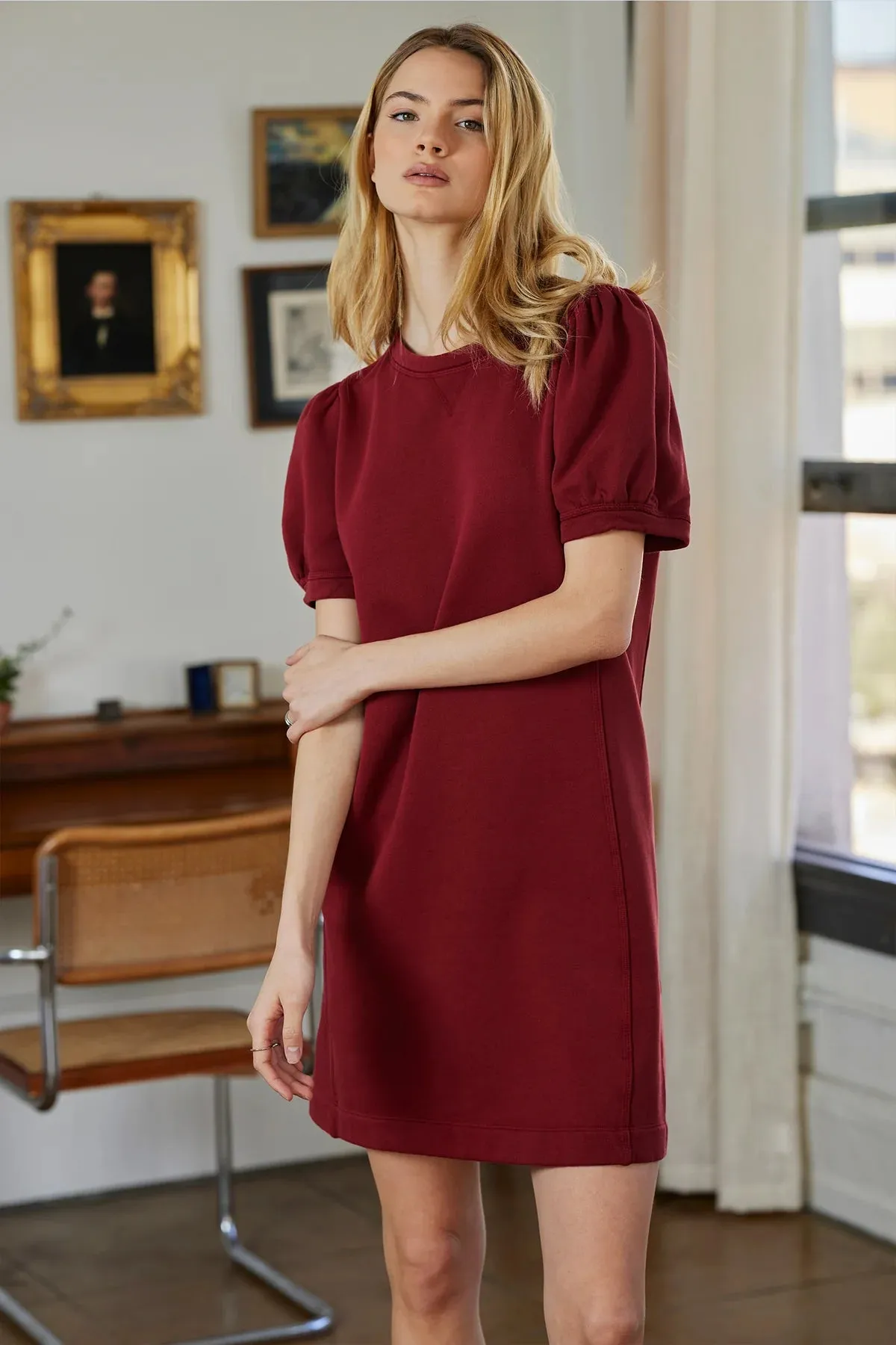 Bobi - 3/4 Shirred Sleeve Dress/ Garnet