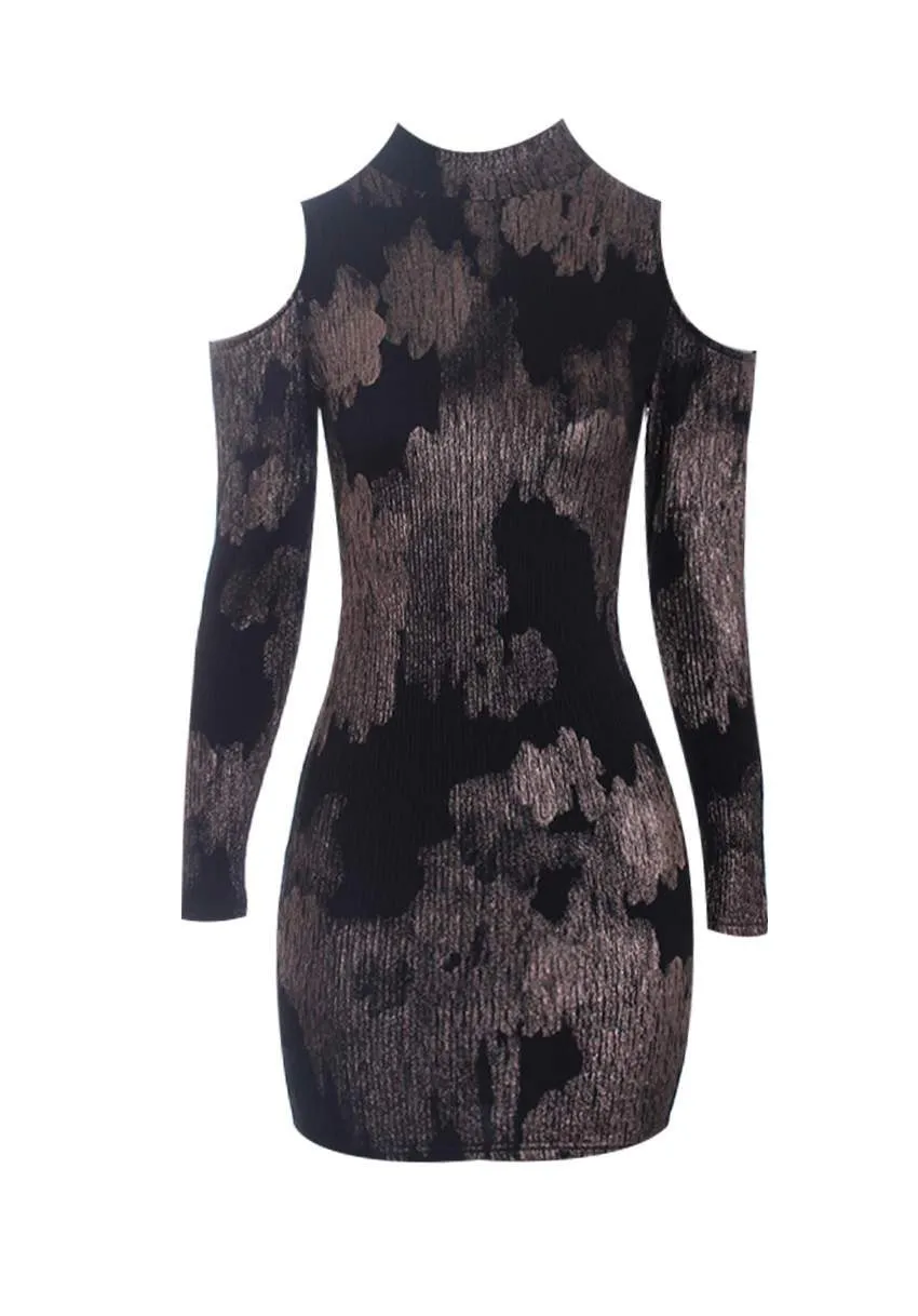 Bronze Off The Shoulder Crinkle Bodycon Mini Dress