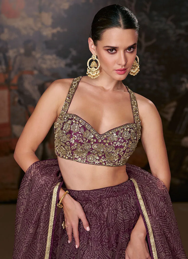 Burgundy Golden Printed Lehenga Choli With Designer Blouse