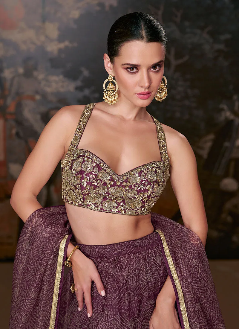 Burgundy Golden Printed Lehenga Choli With Designer Blouse