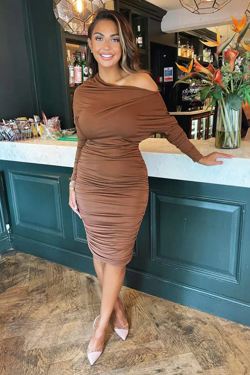 Camel Off The Shoulder Ruched Stretch Midi Dress