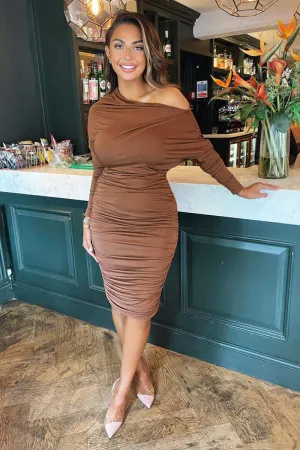 Camel Off The Shoulder Ruched Stretch Midi Dress