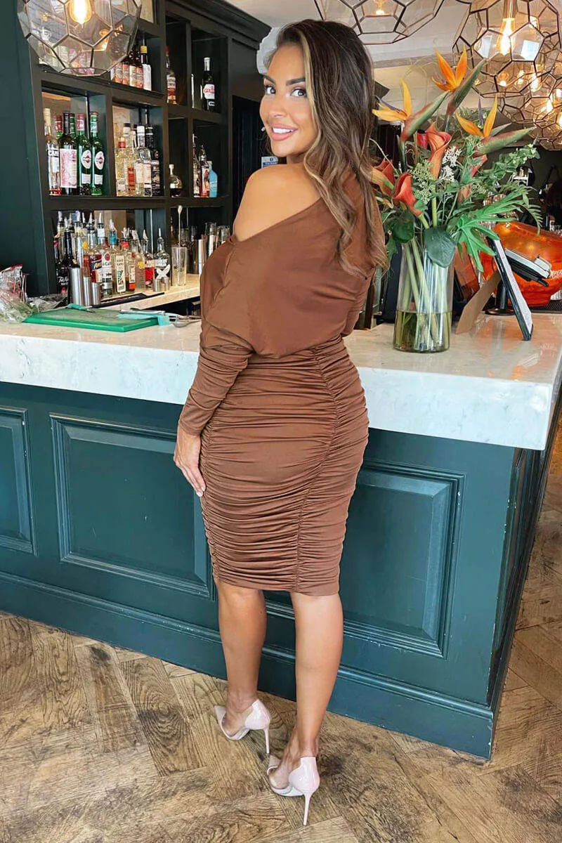 Camel Off The Shoulder Ruched Stretch Midi Dress