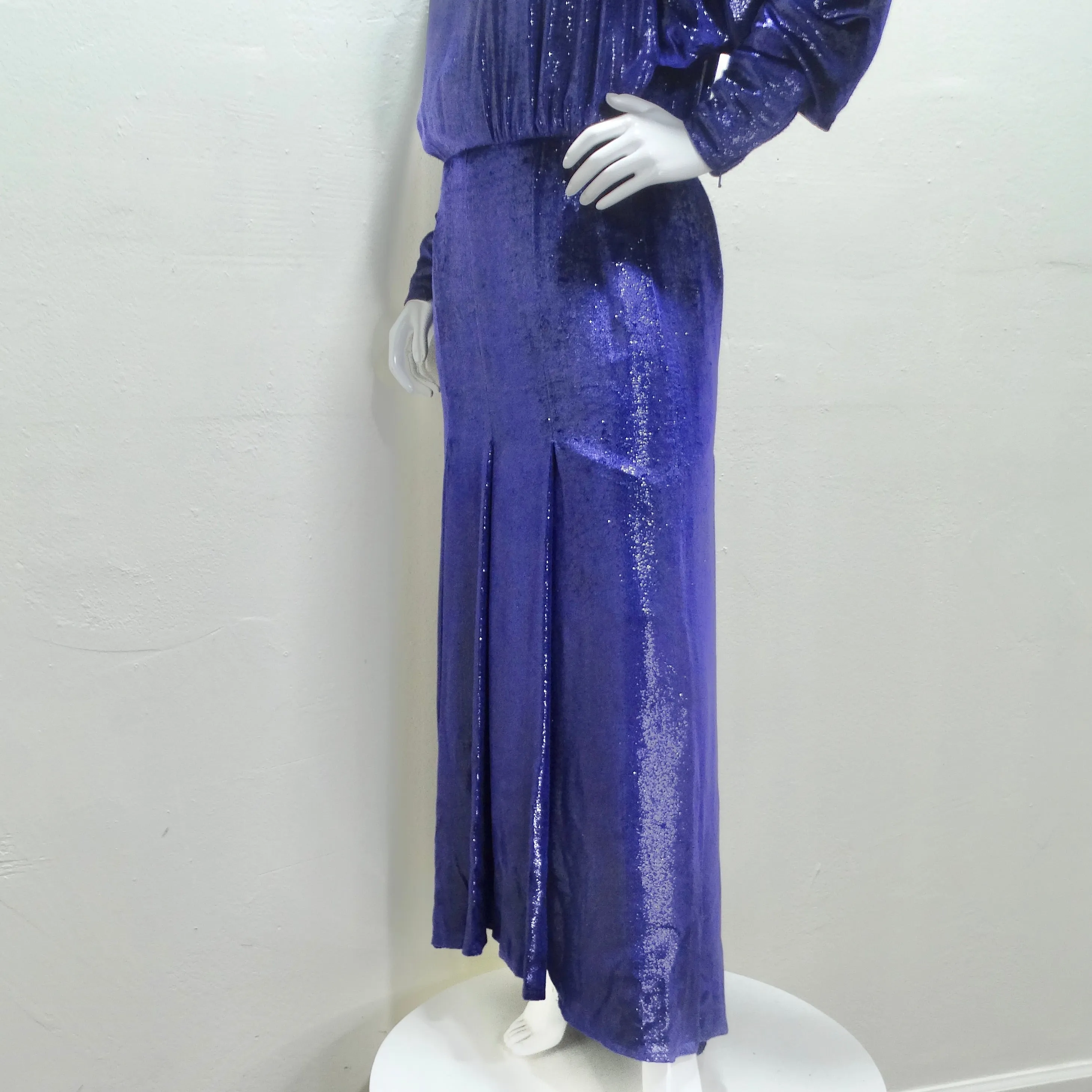 Christian Dior 1980s Metallic Purple Long Sleeve Gown