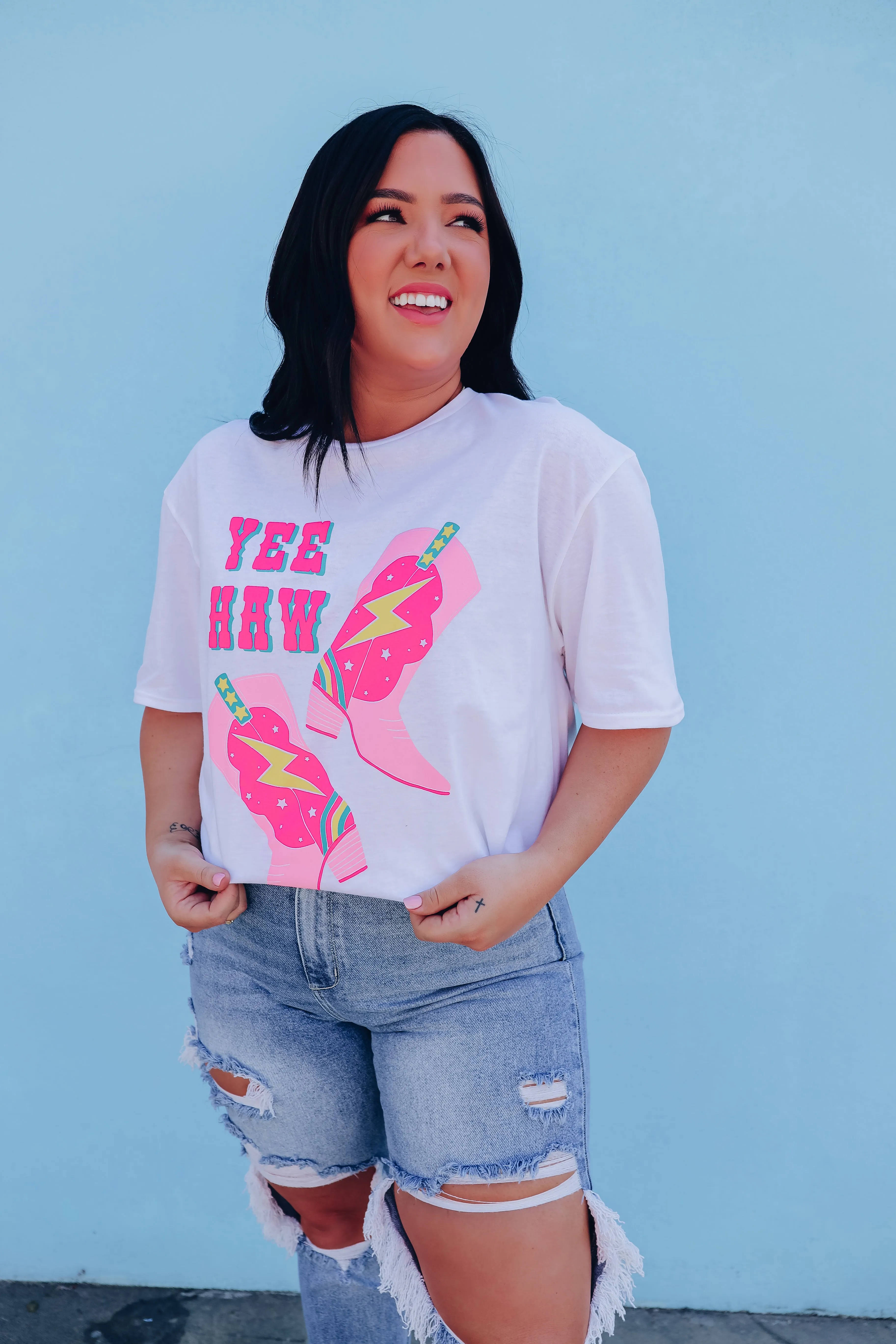 Cowgirl Boot Yee Haw Graphic Tee - White