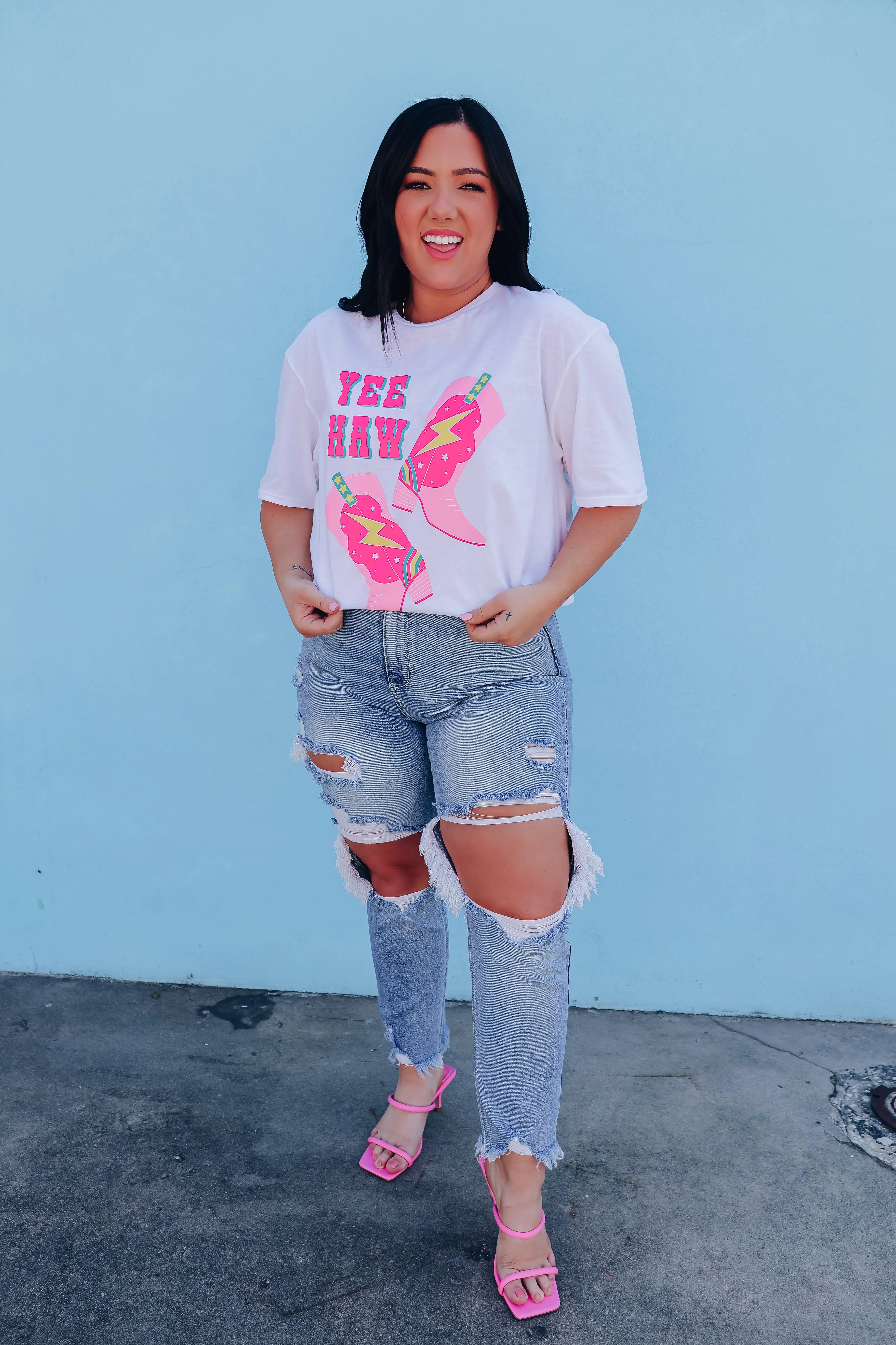 Cowgirl Boot Yee Haw Graphic Tee - White