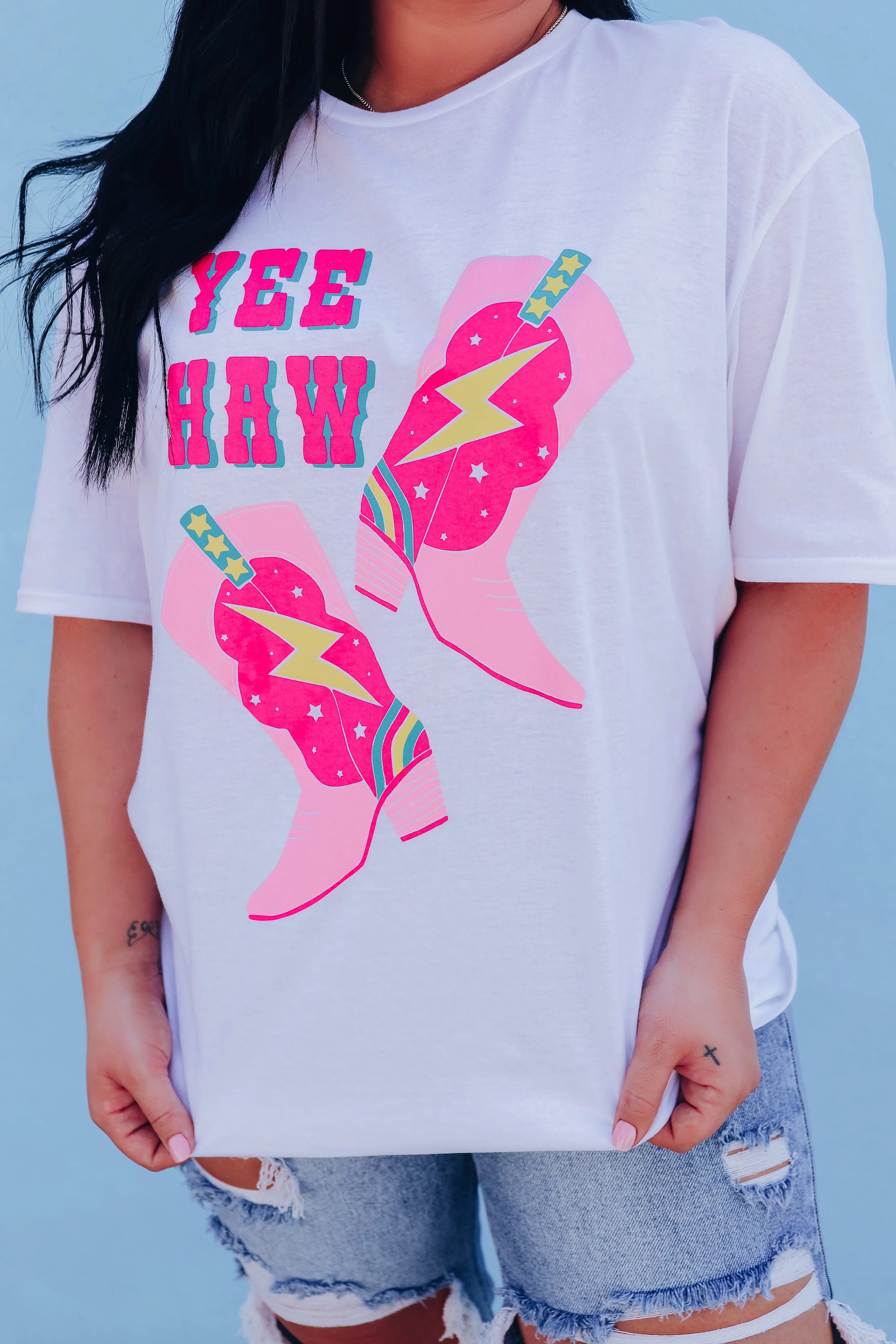 Cowgirl Boot Yee Haw Graphic Tee - White