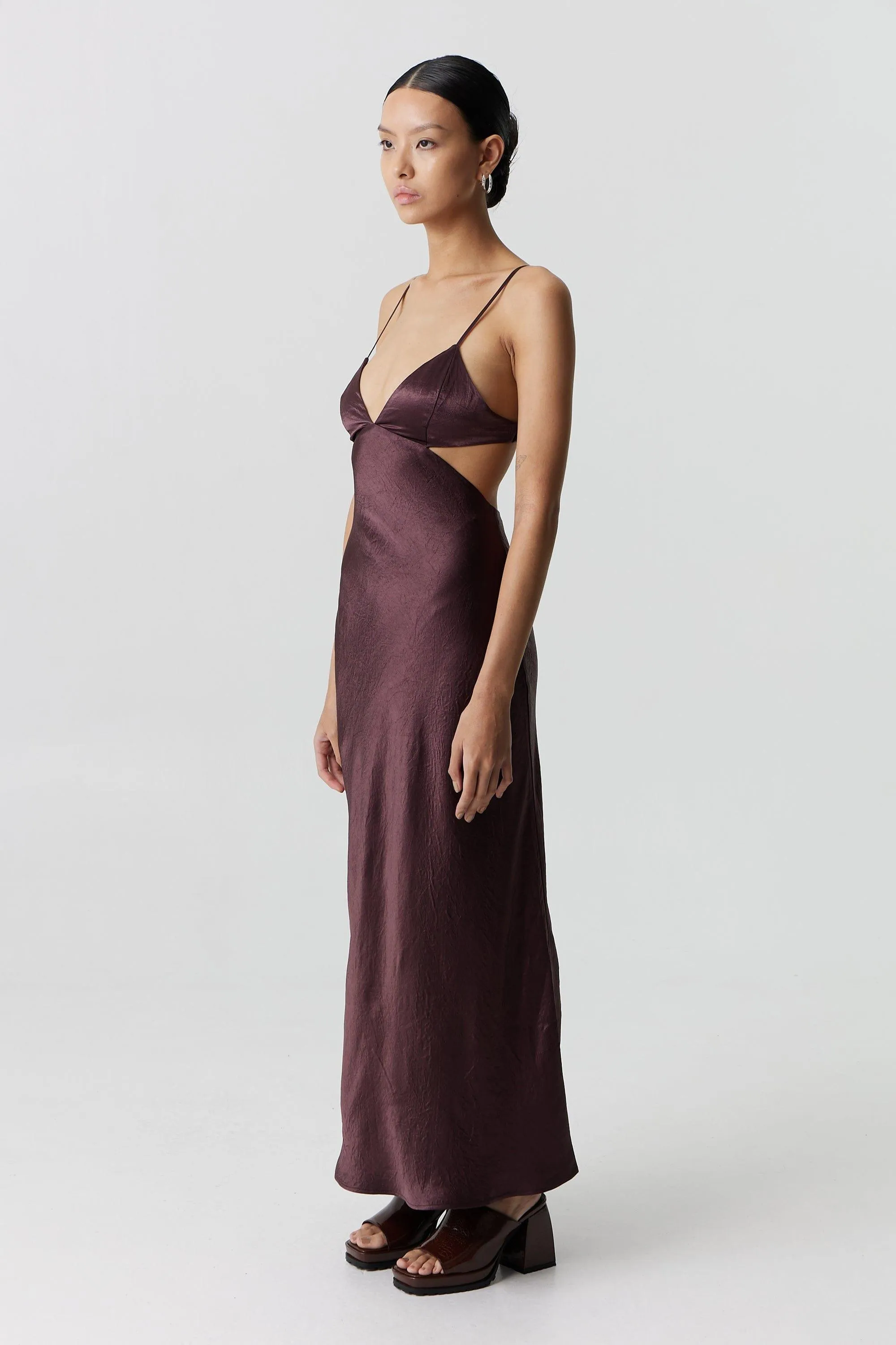 CRUSH BIAS TRI MIDI DRESS | CHOCOLATE
