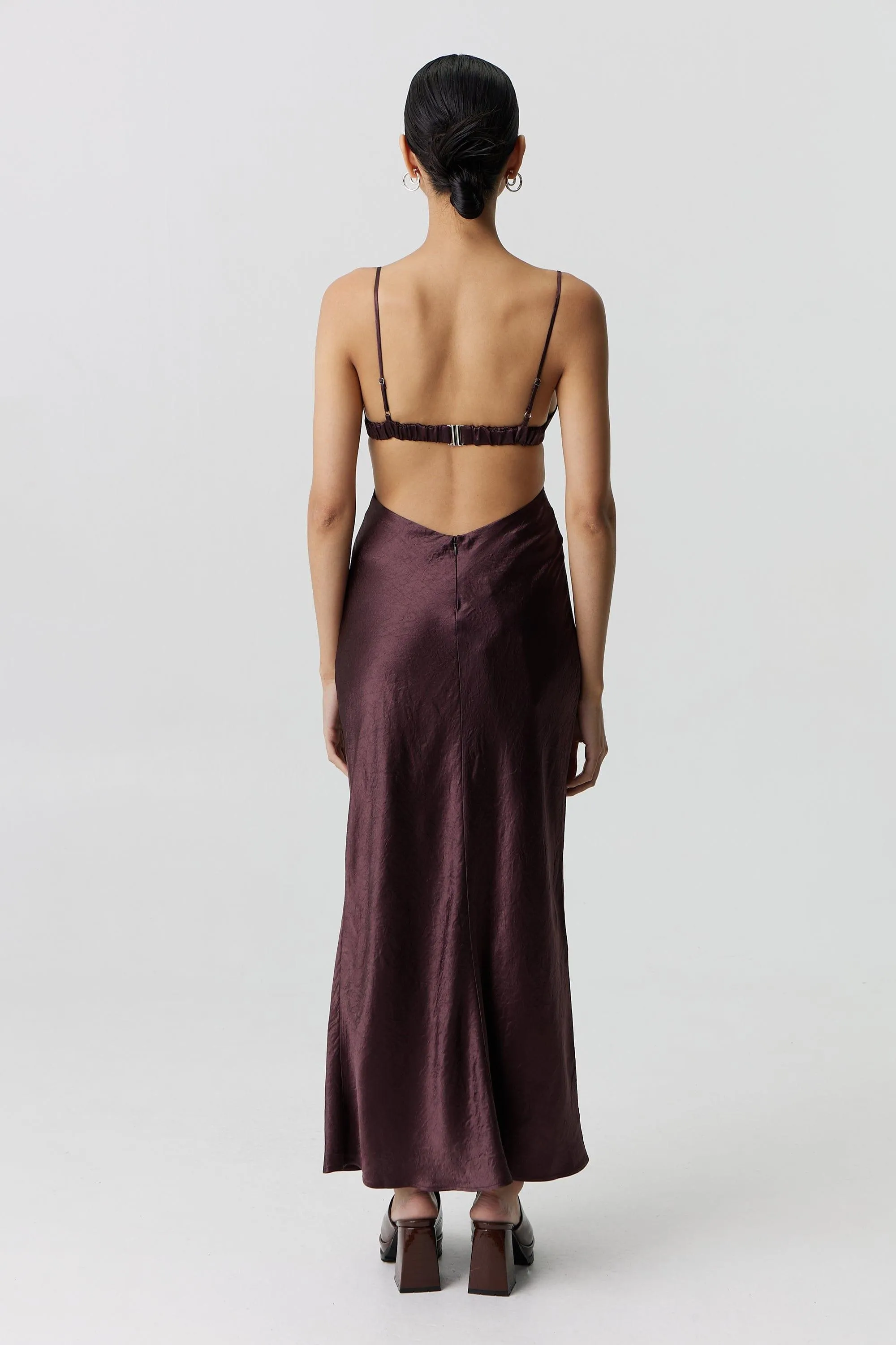CRUSH BIAS TRI MIDI DRESS | CHOCOLATE