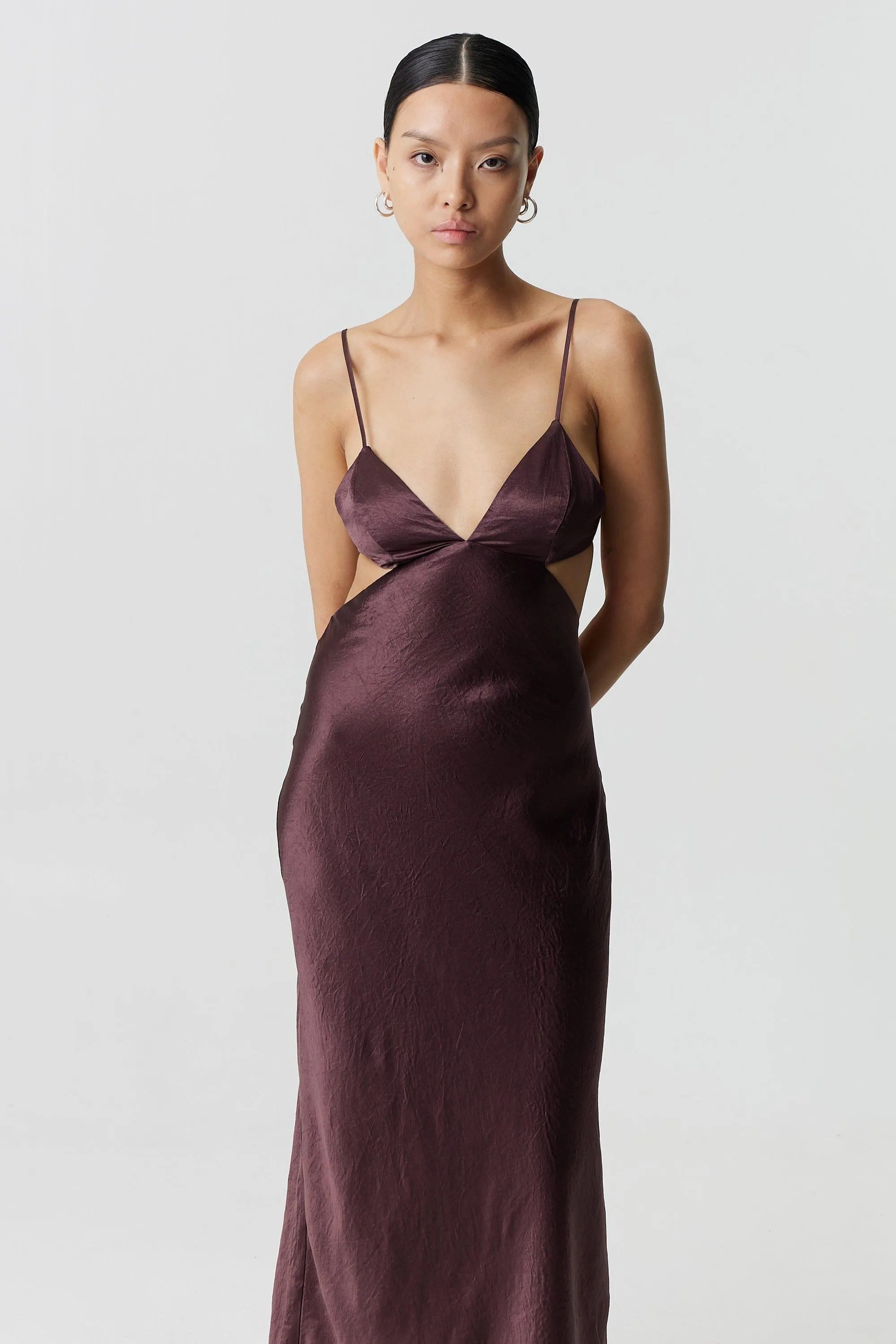 CRUSH BIAS TRI MIDI DRESS | CHOCOLATE