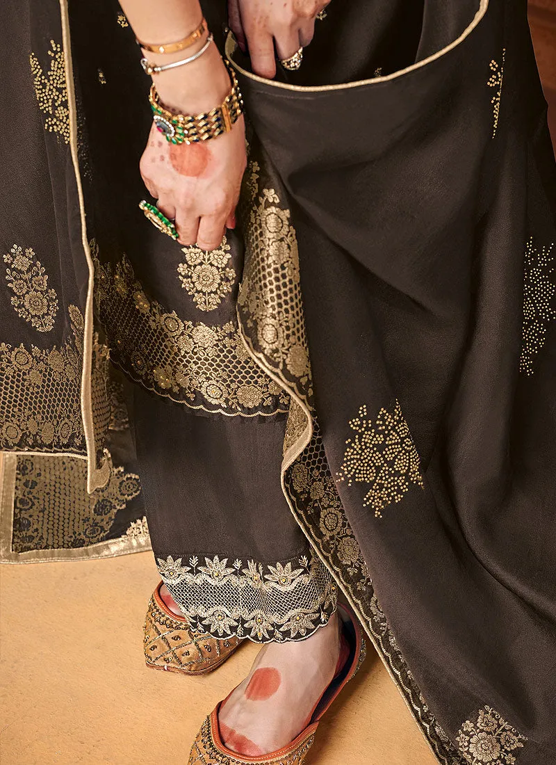 Dark Brown Zari Embroidered Palazzo Suit