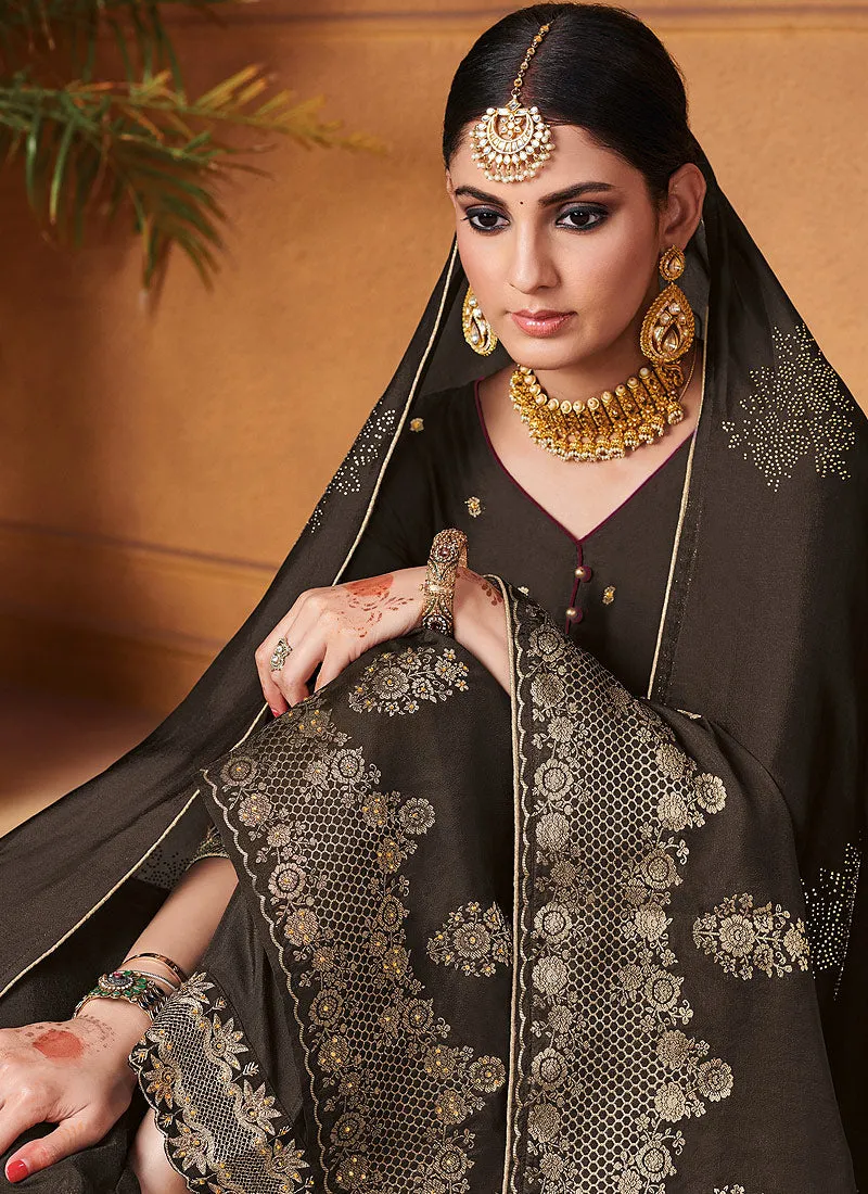 Dark Brown Zari Embroidered Palazzo Suit