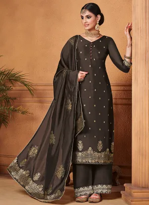 Dark Brown Zari Embroidered Palazzo Suit