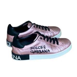 Dolce &amp; Gabbana 👧🏽Girls Youth👧🏽 Pink Metallic Logo Leather Low Top Sneakers